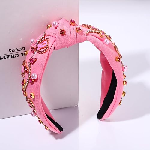 Miniatura 7 de Boderier Diadema rosa con cuentas de cristal de perlas Cinta anudada Diadema Cáncer de mama Cinta rosa Accesorios para el cabello