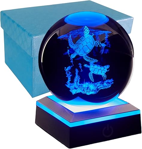 Luz nocturna de bola de cristal de tortuga marina 3D, lámparas de bola de vidrio mejoradas de 3.15 pulgadas con base LED, decoración de lámpara de