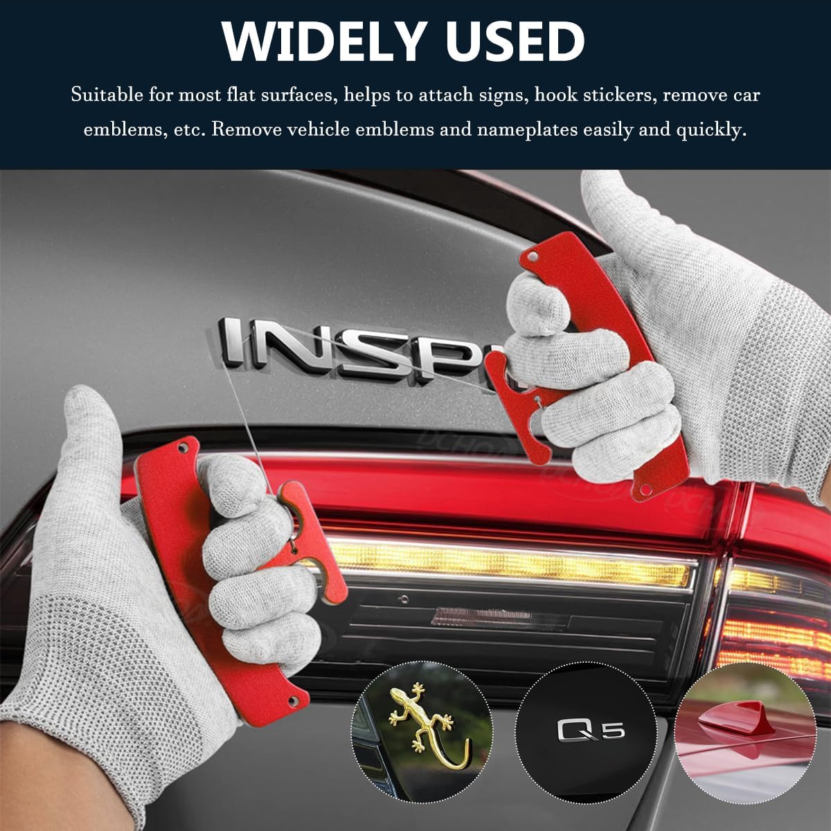 Emblem Removal Tool, Vinyl Wraps Car Surface Logo Remover with 5 PCS 29.5" Nylon Cords, Aluminum Alloy Vehicle Badge Plate Line Remover Tool for Wrapping Film Installation (Red)