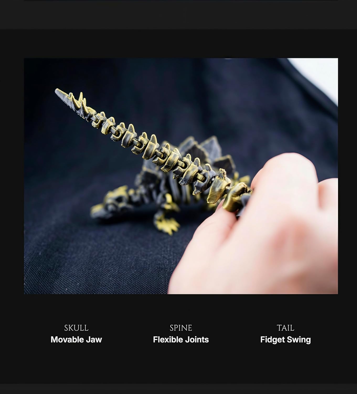 7pcs 3D Printed Dinosaur Skeletons, T-Rex Fidget Toys,Pterosaur, Stegosaurus, Plesiosaurus,3D Printed Dragon Animals Toys,Dinosaur Toys for Desk Gifts (Black Gold, Small, 5pcs)
