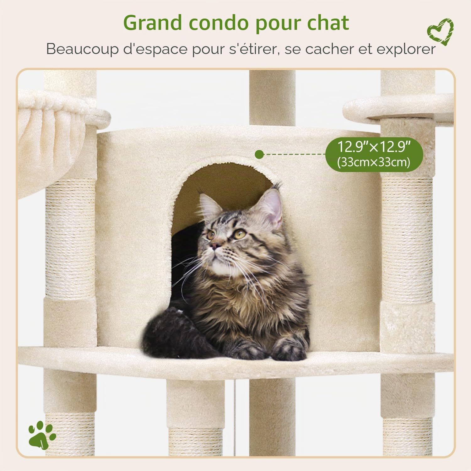 Globlazer Arbre a Chat avec Grandes Plateforme en éventail Niches Doux Hamac Panier, Arbres à Chat Hauteur 130 cm Solide 90° Serré Coin pour 3-4 Gros Chats Repos Jeu (C51, Beige)