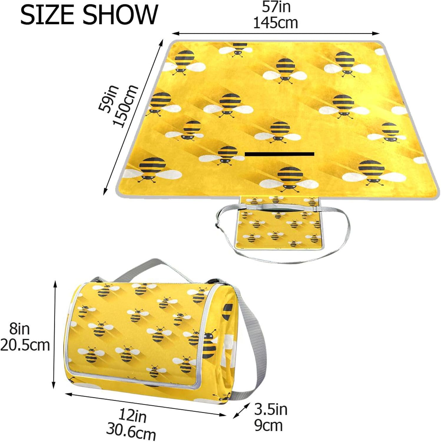 MNSRUU Picnic Blanket Waterproof Foldable, Bee Large Outdoor Picnic Blanket Beach Blankets Camping Blanket Travel Mat, Shoulder Strap Tote, Rectangle 57x59in