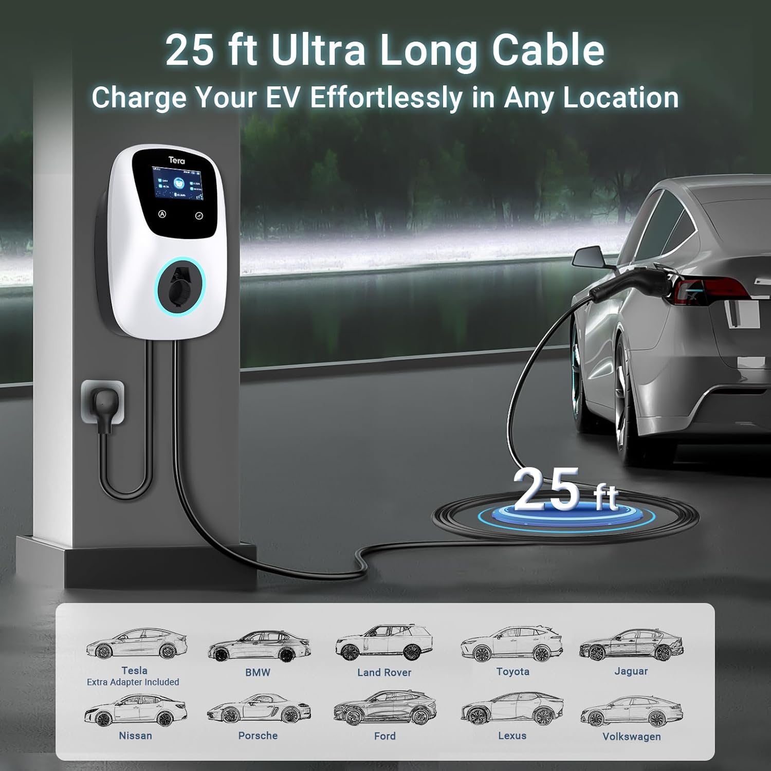 Tera for Tesla Electric Vehicle (EV) Charger: Level 2 J1772 2024 Fully Upgraded ETL Energy Star 48A with Manual Setting Amps & Schedule on Unit 240V