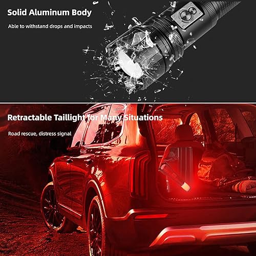 Miniatura 5 de Linternas recargables de alto lúmenes, linterna multifuncional con luz trasera retráctil, 10 modos, linternas tácticas LED de 100000 lúmenes para el