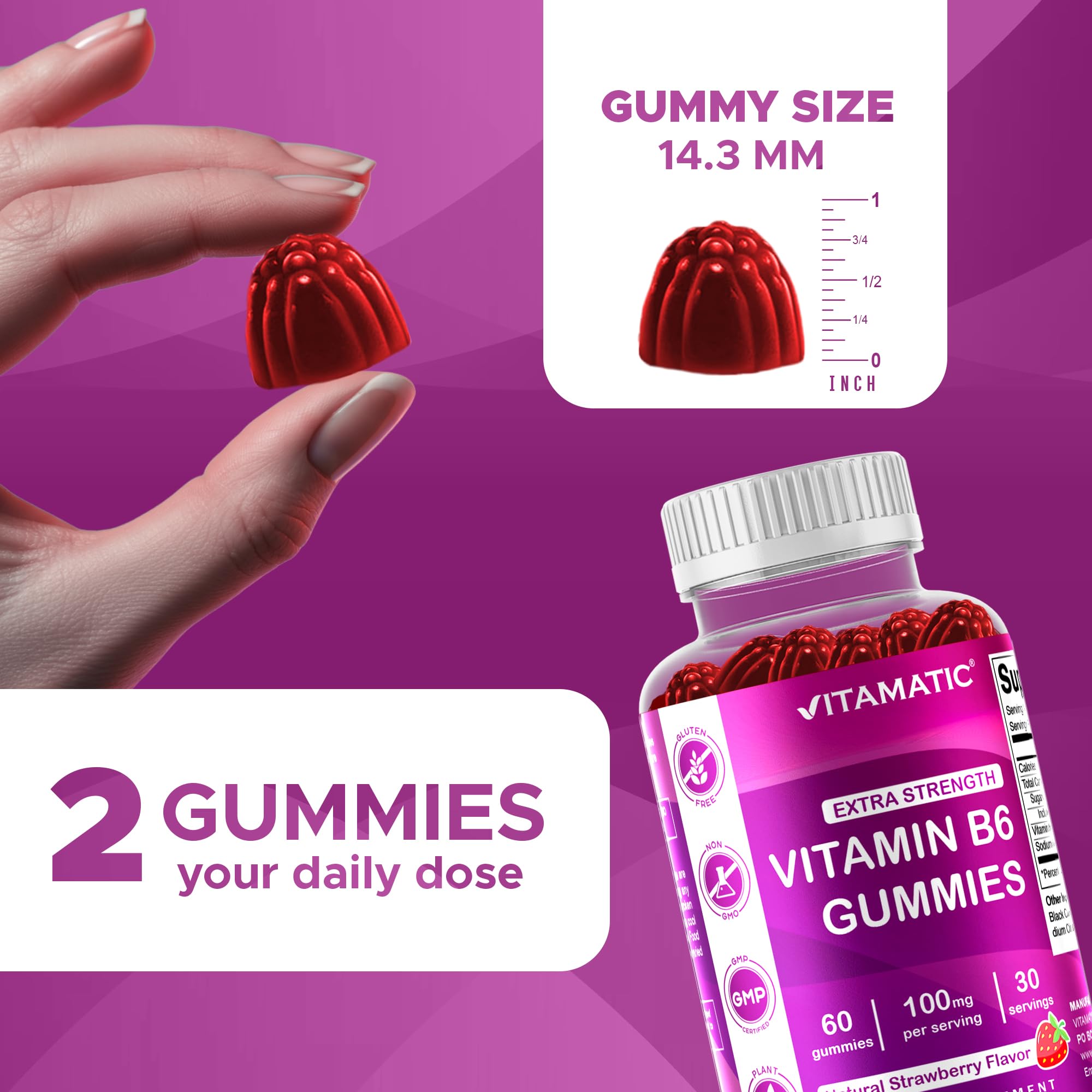 Vitamatic Vitamin B6 100 mg Gummies, Natural Strawberry Flavor, 60 Count — Amazon image 3