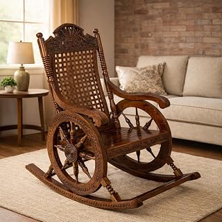S N Krafts Wooden & Iron Rocking Chair for Living Room | Handcrafted Designer Rocker with Carved Backrest | Antique Finish... Price In India