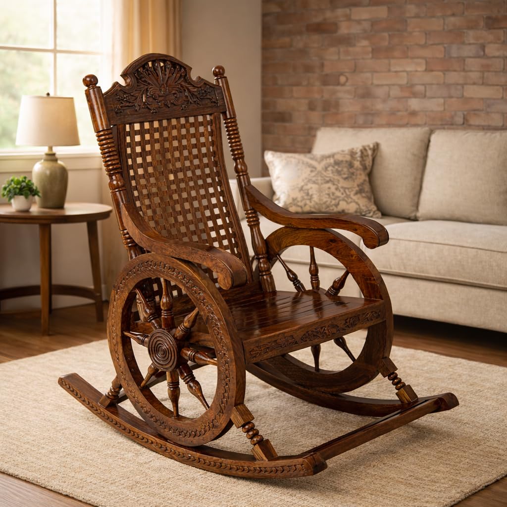 S N Krafts Wooden & Iron Rocking Chair for Living Room | Handcrafted Designer Rocker with Carved Backrest | Antique Finish...