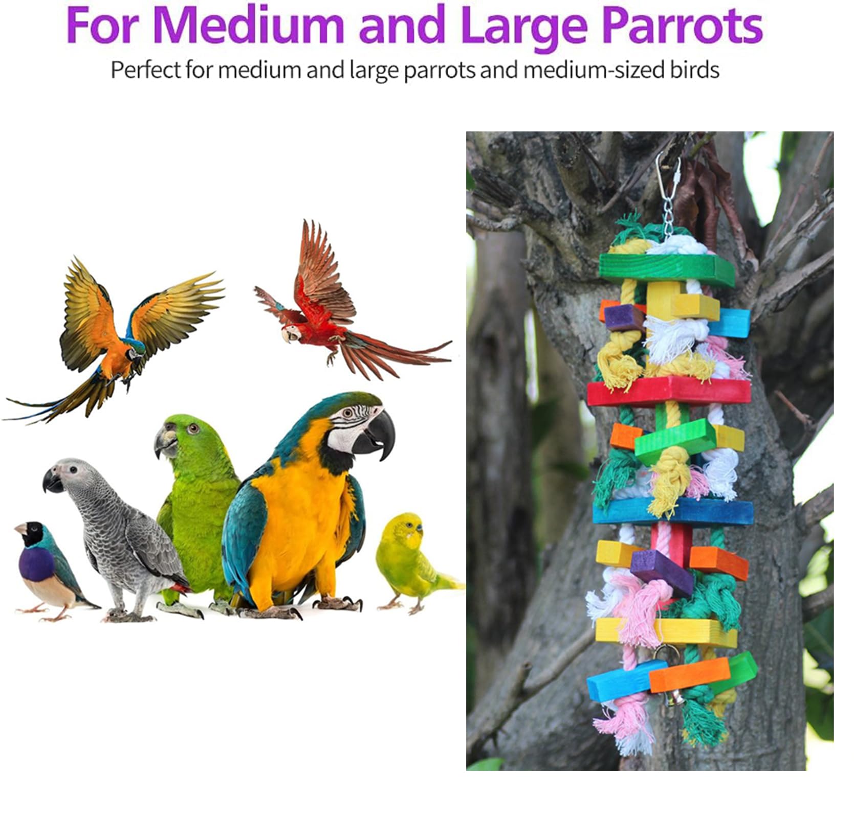 AQH Jouets pour Grands Oiseaux, Jouet Perroquet, pour Jouet Perruche en Bloc Bois Naturel pour perroquets Gris africains, aras, cacatoès, perroquets amazoniens et Autres perroquets de(Multicolor A)