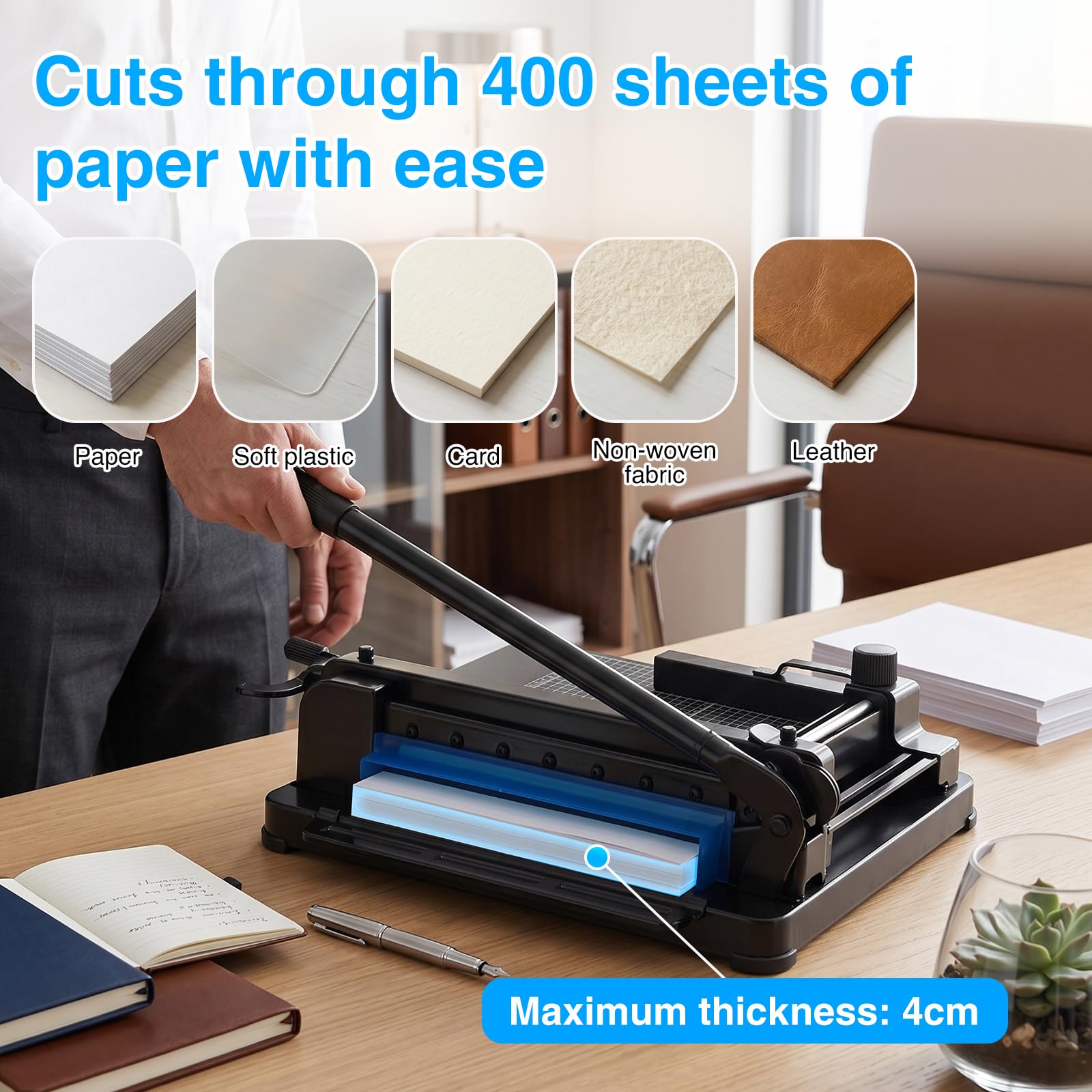 A4 Papierschneidemaschine, Hochleistungs-Papierschneider, zum Schneiden von Papier mit einer Stärke von bis zu 4 cm, Papierschneider mit doppeltem Schutz für Büro, gewerbliche Kopierzentren u