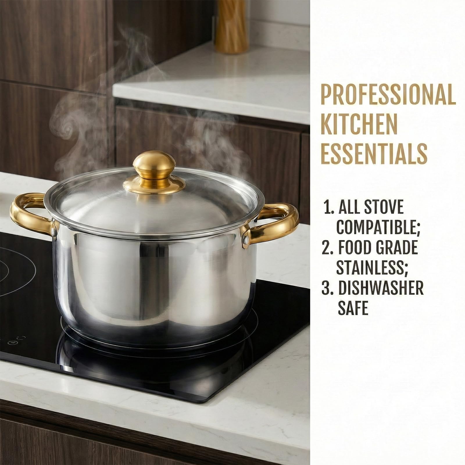 Set di pentole e padelle in acciaio inox – 5 pentole con 5 coperchi, 1 mestolo da zuppa, 1 cucchiaio scanalato, manici antiaderenti e fissi, senza PFOA per cucina Set di pentole