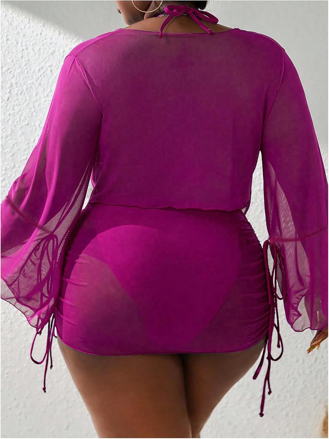 SOLY HUX Women's Plus Size Sexy 4 Piece Swimsuits Halter Bikini Sets with Drawstring Long Sleeve Cover Up Bathing Suit