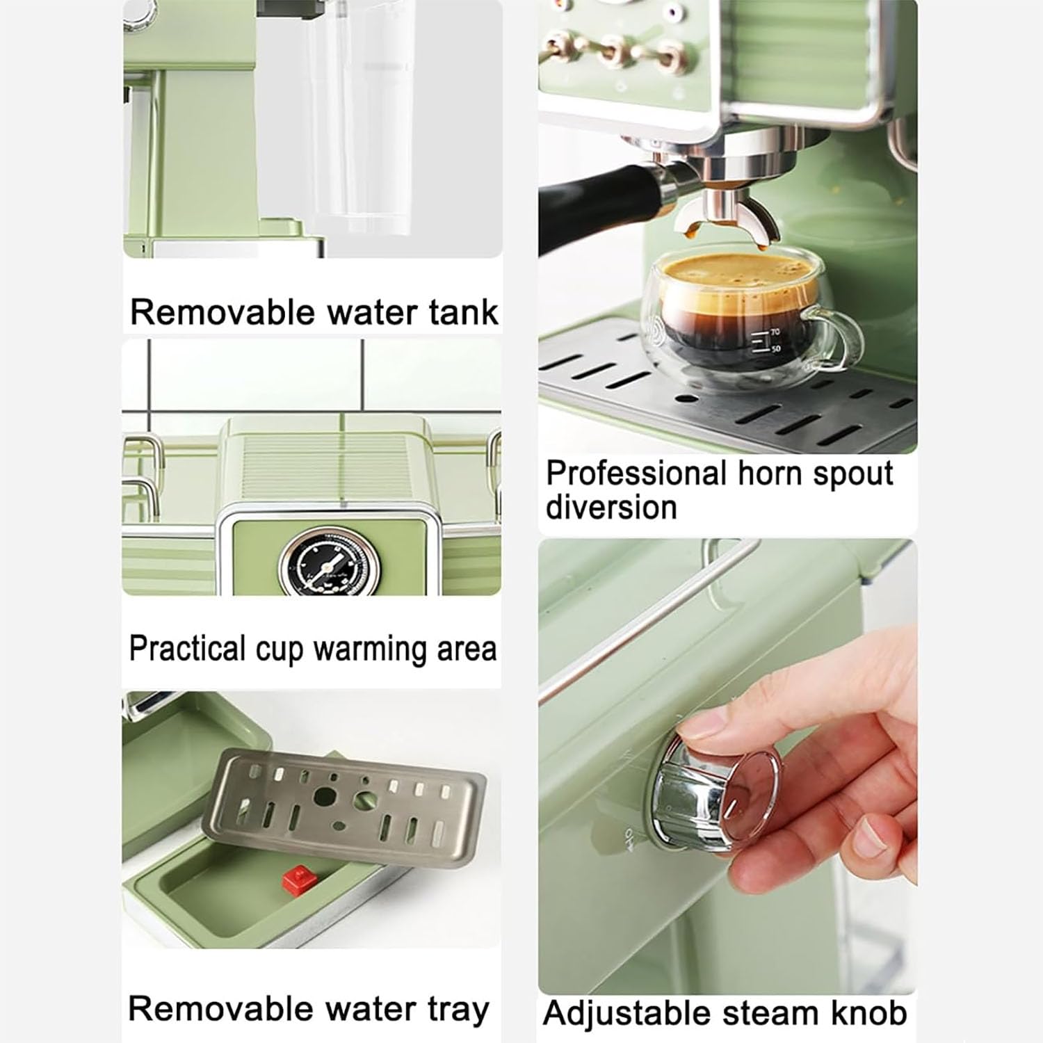 Cafetera Espresso De 15 Bares, Estilo Retro Verde, con Espumador De Leche Y Tubo De Vapor, Depósito De Agua Desmontable De 1.6 L Y Manómetro Visual para Latte Y Capuchino Baristas En Casa