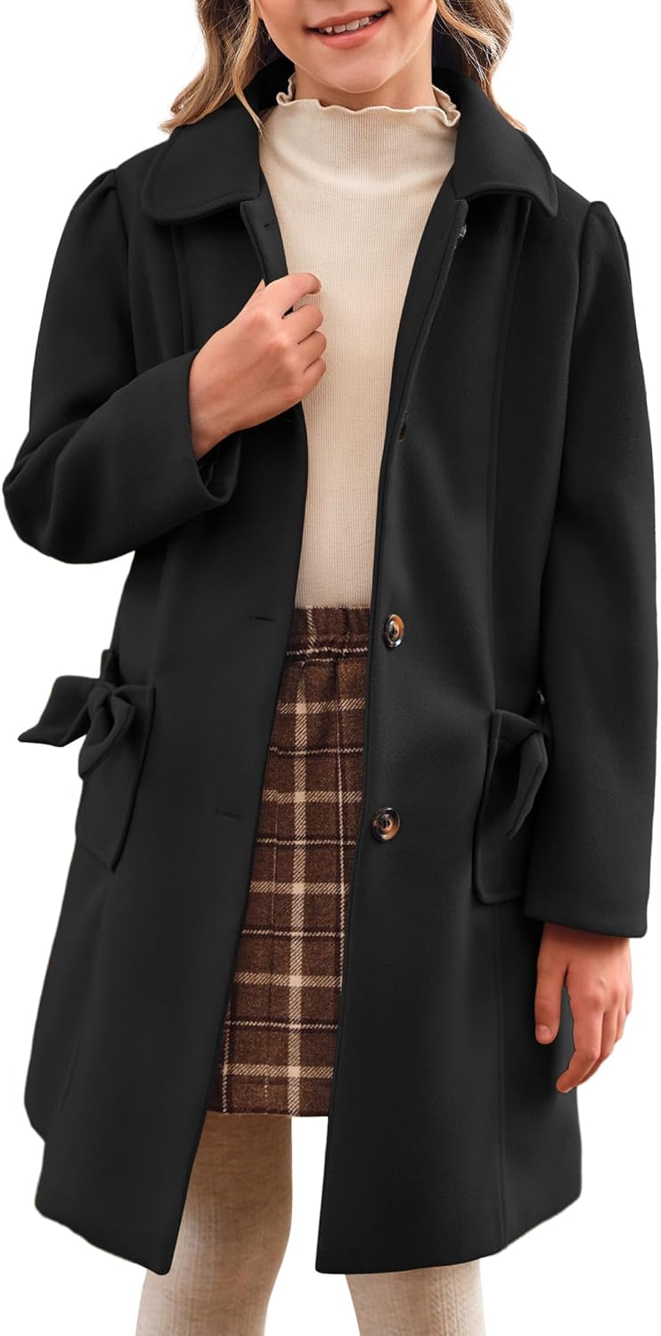 Meikulo Girls Single Breasted Dress Coat Kids Winter Outerwear Jackets Bowknot Pockets 5-14 Years