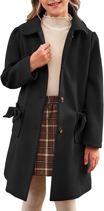 Meikulo Girls Single Breasted Dress Coat Kids Winter Outerwear Jackets Bowknot Pockets 5-14 Years