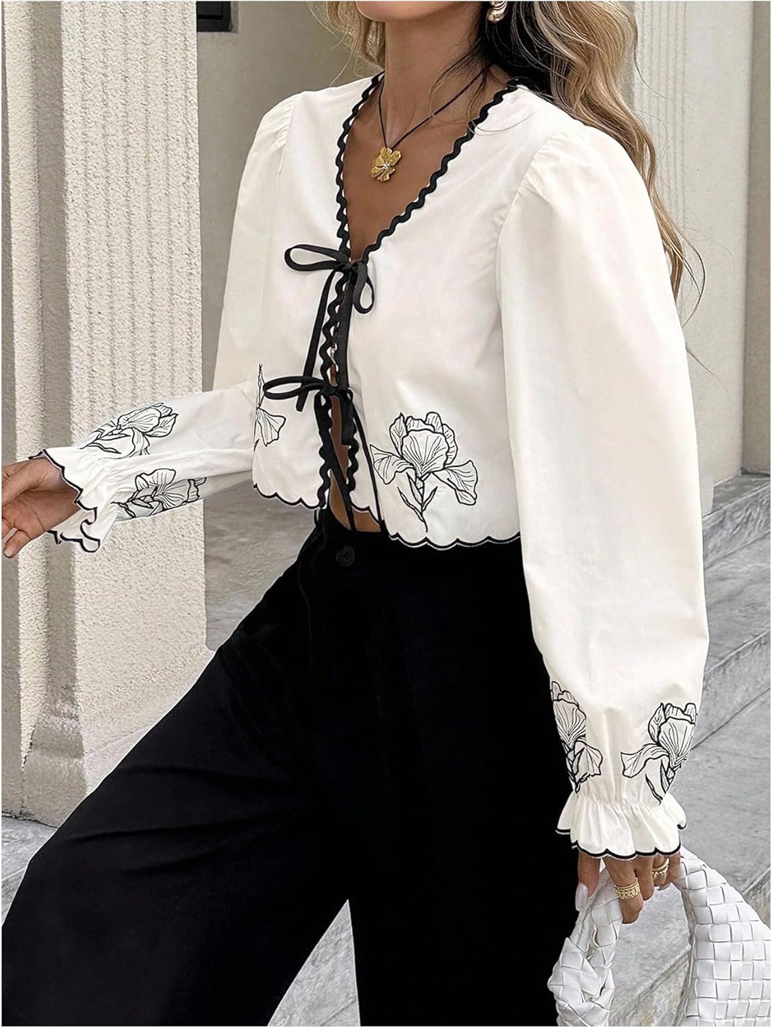 Floerns Women's Floral Embroidery Tie Front Crop Tops V Neck Scallop Trim Blouse Shirts - Image 2