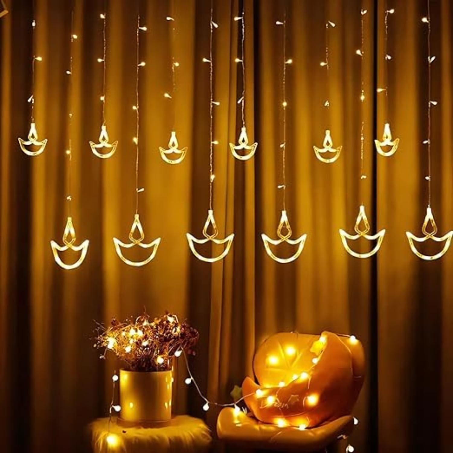 One94Store 12 Diya Curtain String LED Lights – 3 Meter Warm White Plug-in Decorative Fairy Lights with 108 LEDs, 8 Lighting Modes for Wall, Diwali & Festival Decoration (Plastic)