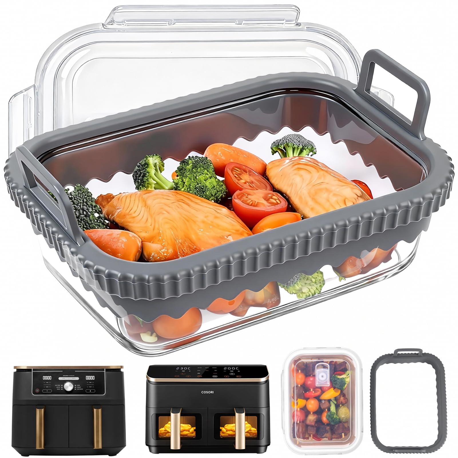 BYKITCHEN Glass Baking Dish for Ninja Air Fryer Dual Zone AF400UK / Double Stack SL400UK 9.5L, Air Fryer Tray/Basket with Removable Silicone Handle & Lid for Meal Prep, Airfryer Accessories