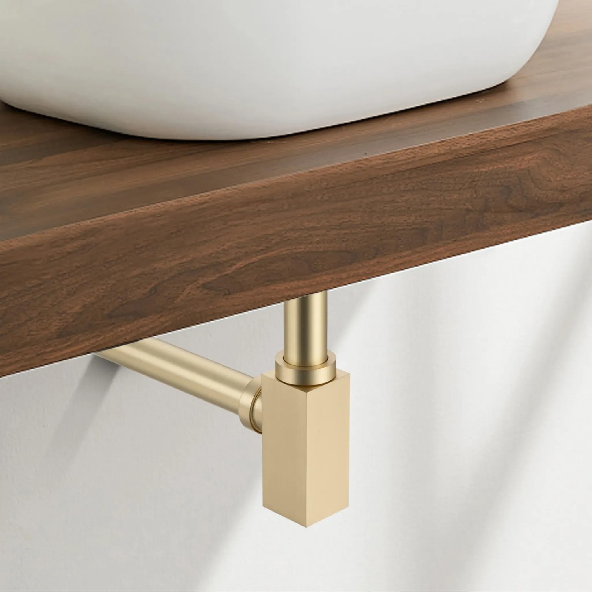 Sifón de Lavabo Universal - Válvula de Desagüe para Lavabo de Latón G1 1/4 x 32 mm - Sifón Tubular para Baño - Tubo de Desagüe para Lavabo de Baño, Cuadrado Oro Cepillado