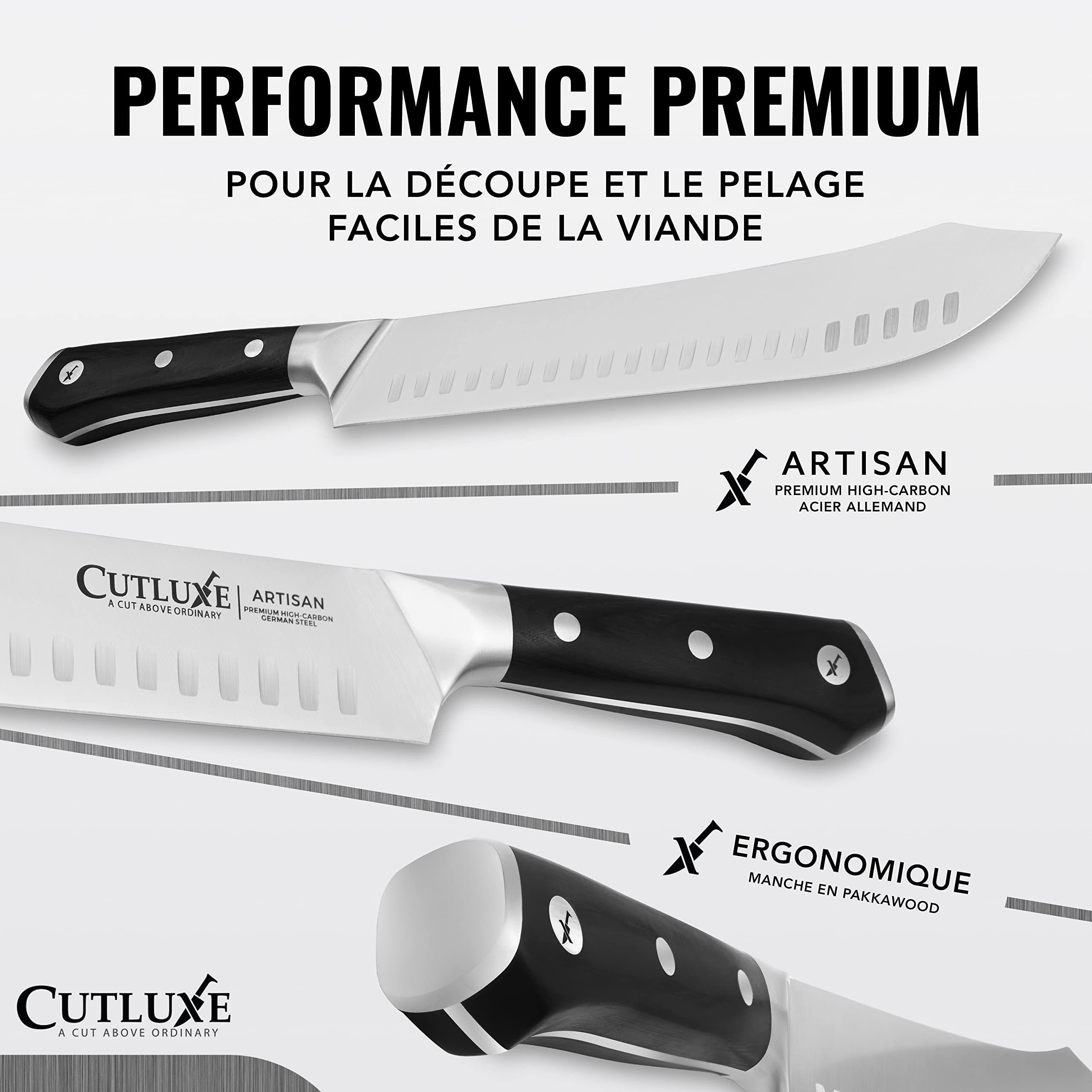 Cutluxe Couteau de Boucher Bullnose - Couteau a Viande 25cm - Acier Allemand à Forte Teneur en Carbone - Couteaux de Chef Professionnel Tang Complet - Série Artisan