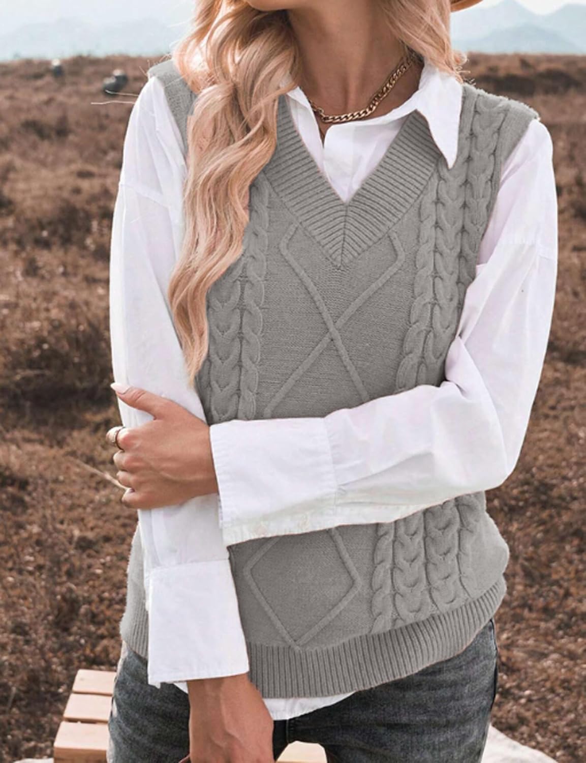 Hyipels Women's Sweater Vest,Long Cable Loose Knitted Sleeveless V Neck Casual Sweaters Tank Top S~XL - Image 5