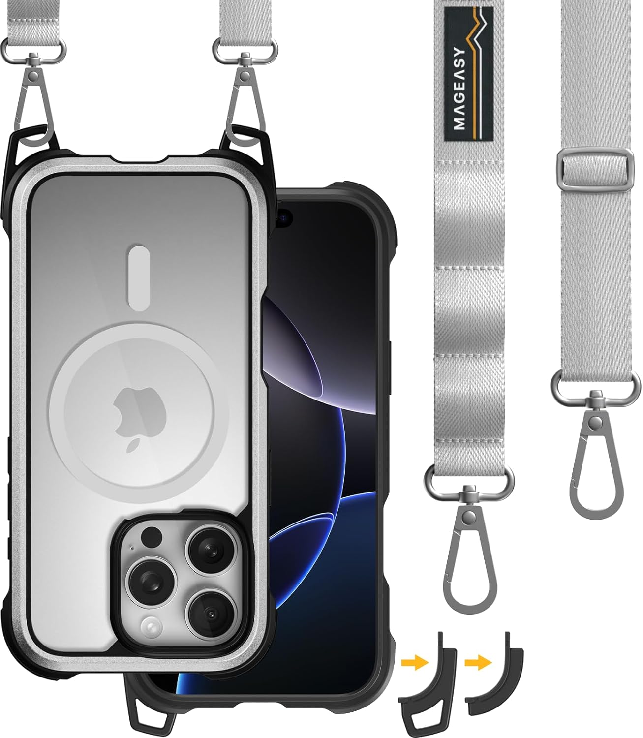 MAGEASY Designed for iPhone 16 Pro Case with Strap - 20ft Drop Protection Compatible with MagSafe, Transformable 2-in-1 Protective & Lanyard Case, Aluminum Frame | Odyssey Strap M (Metal Silver)