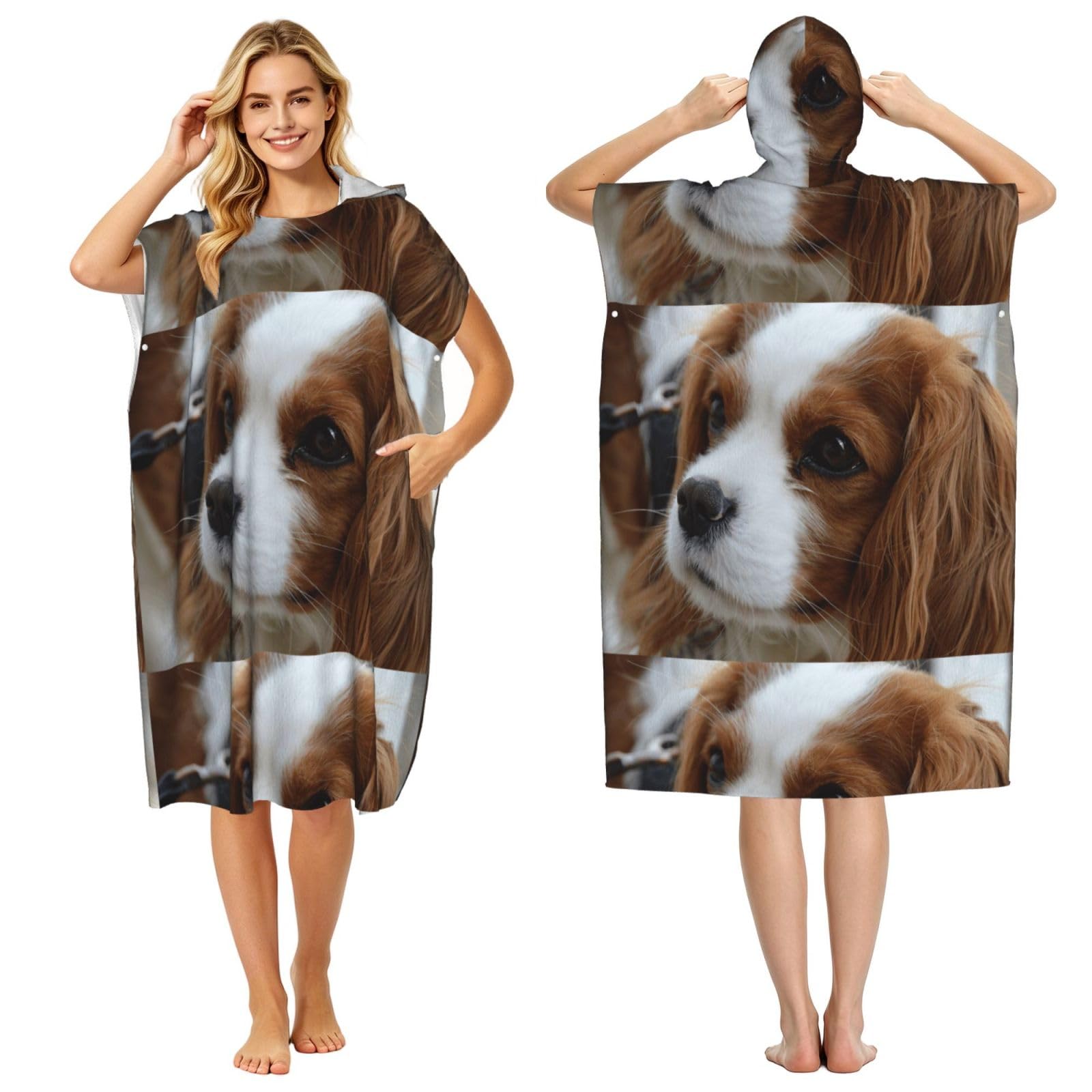 Poadnly Cute Cavalier King Charles Spaniel, Adult Hooded Beach Towel 90 x 110 cm,Changing Bath Robe, Surf Poncho Towel For Women Men