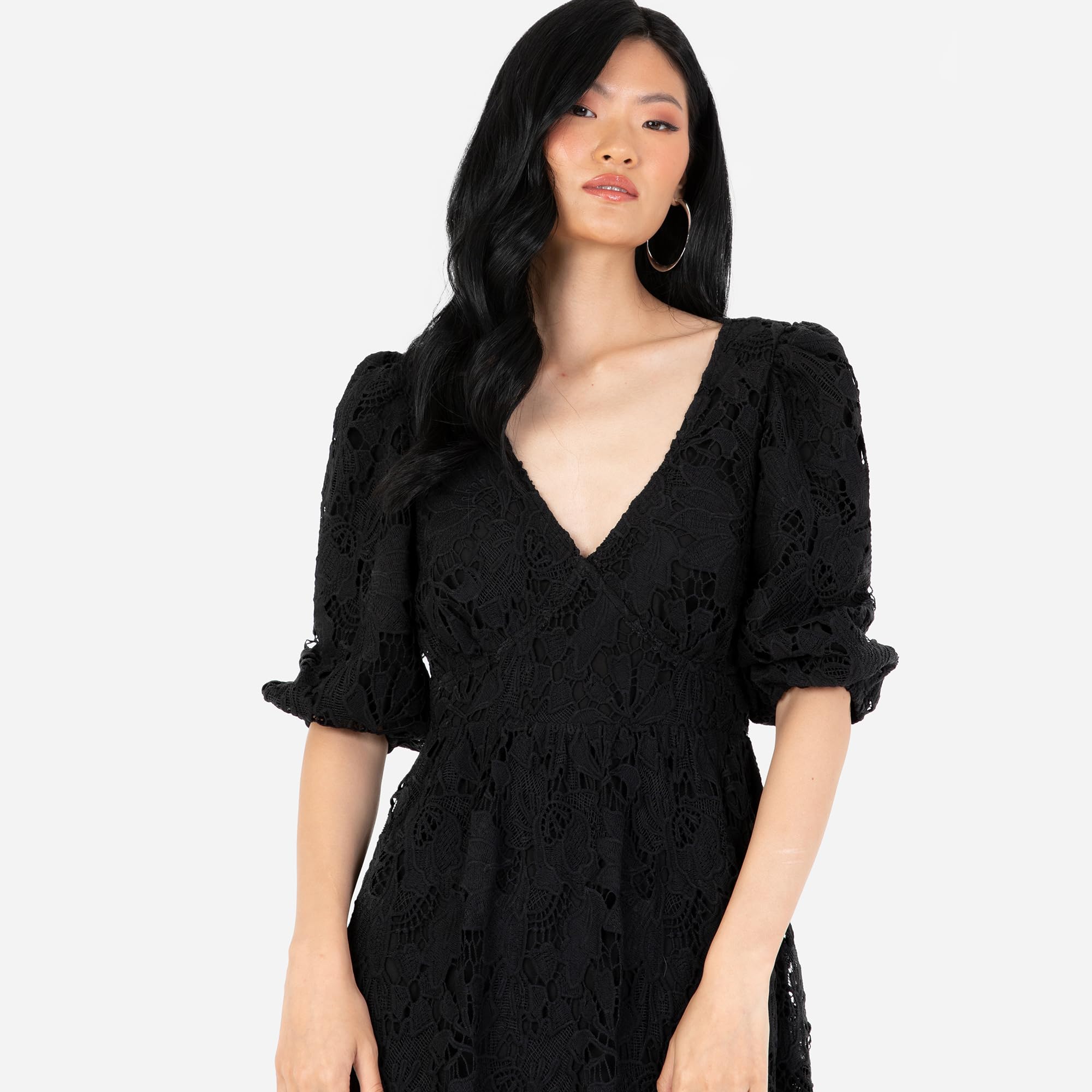 Maya Deluxe Women's Midaxi Dress V Neckline Puff Sleeve Lace A-Line For Wedding Guest Bridesmaid Cocktail Prom Evening Occasion Vestido Mujer