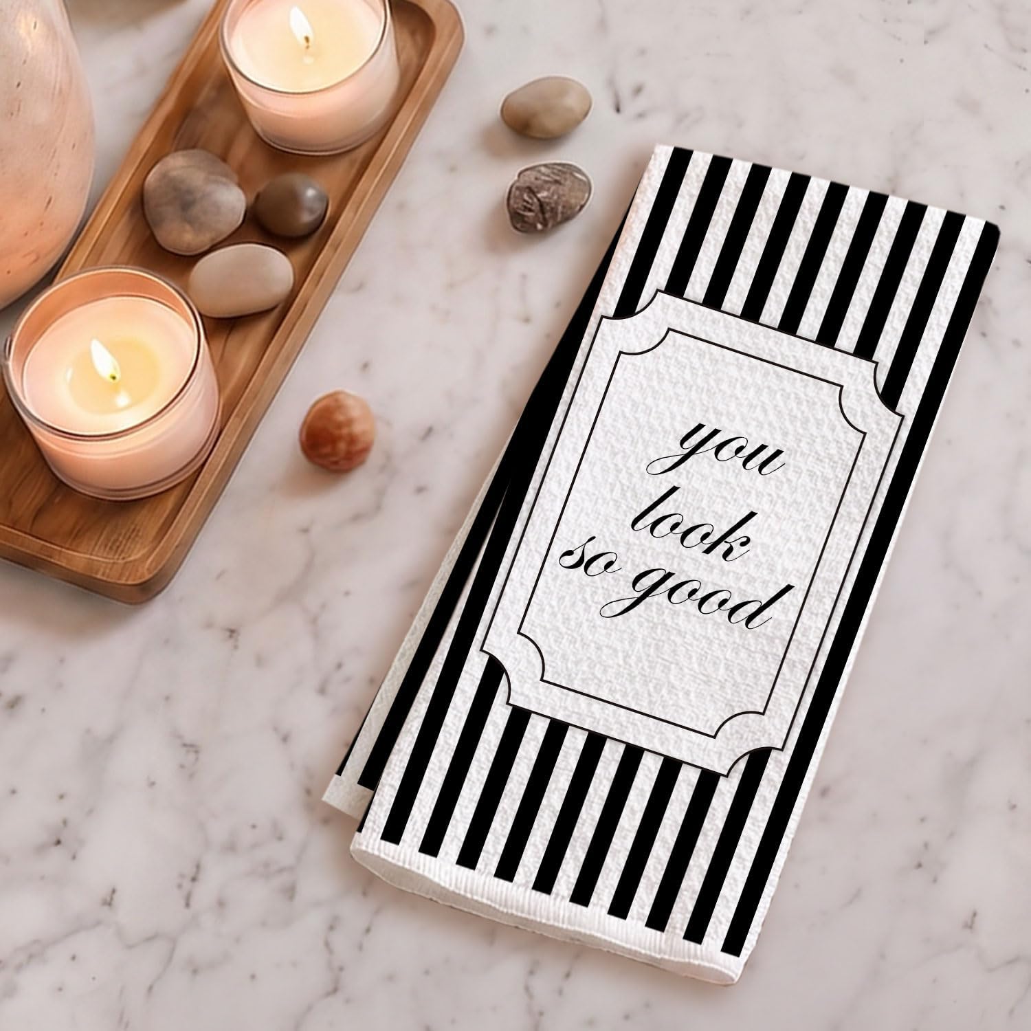 Minimalist Striped Bathroom Decor - Inspirational Hand Towels for Bathroom Decor, Retro Black and White Hand Towels, You Look so Good, 16 X 24 Inch