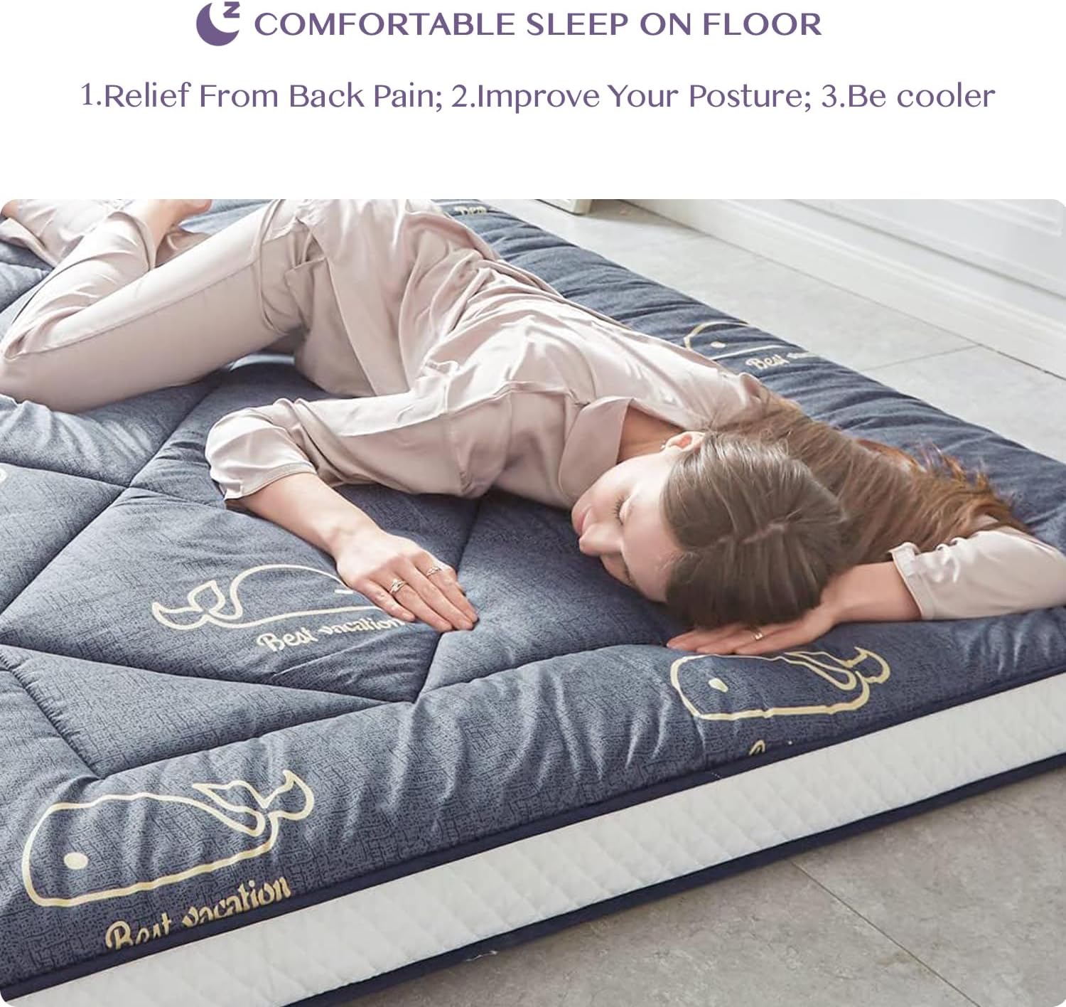 Japanese Floor Mattress Pad Foldable Sleeping Tatami Mat, Whale Pattern, Queen