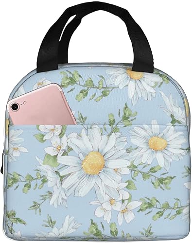 Bolsa de almuerzo con diseño de margaritas florales y flores silvestres, bolsa compacta, reutilizable, contenedor para mujeres y hombres, escuela,