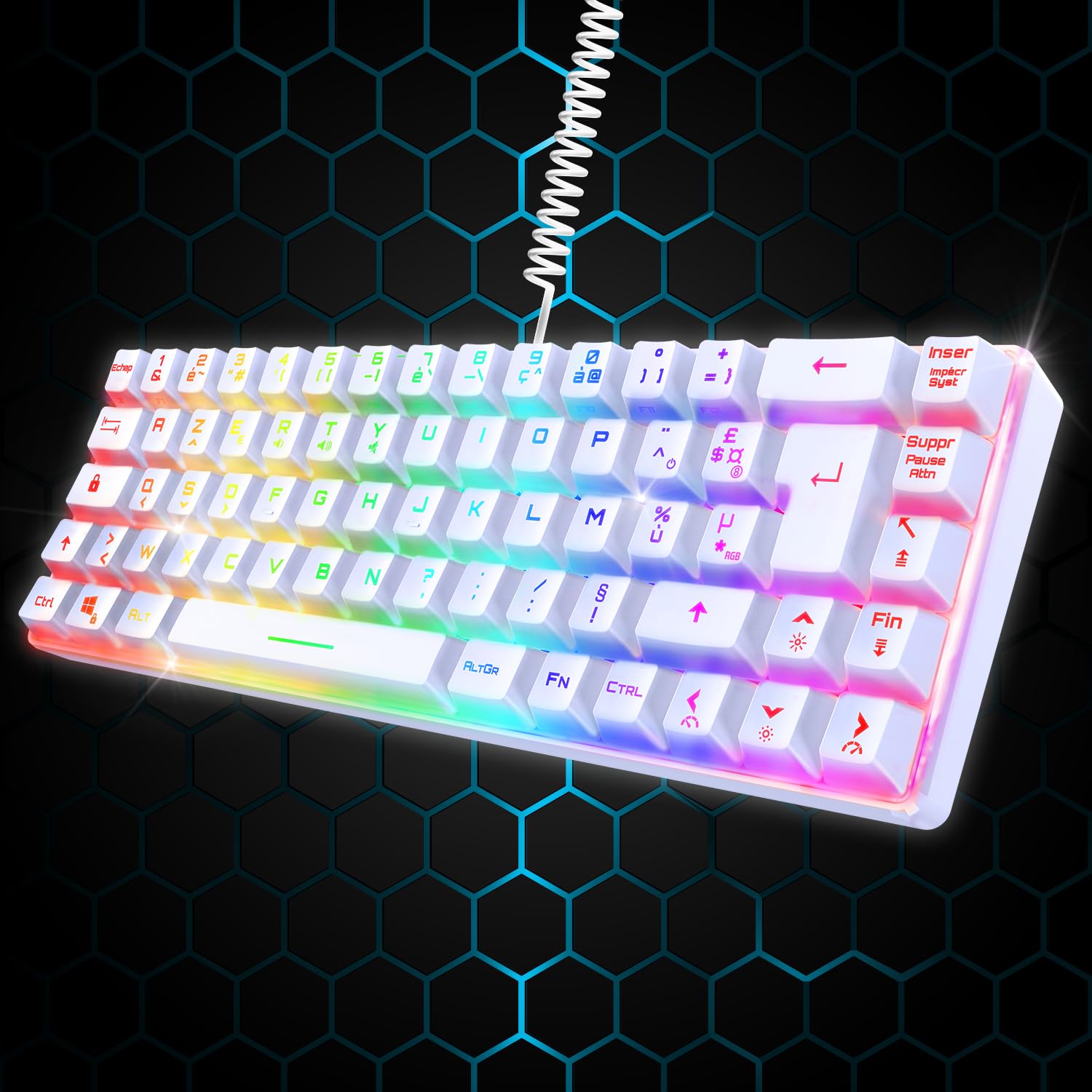 EMPIRE GAMING - K208 Clavier Gamer Filaire TKL Compact (Français AZERTY) 69 Touches RGB - Câble USB Type C détachable Plug & Play - PC/PS4/PS5/Xbox - 23 Touches Anti-Ghosting (Blanc)