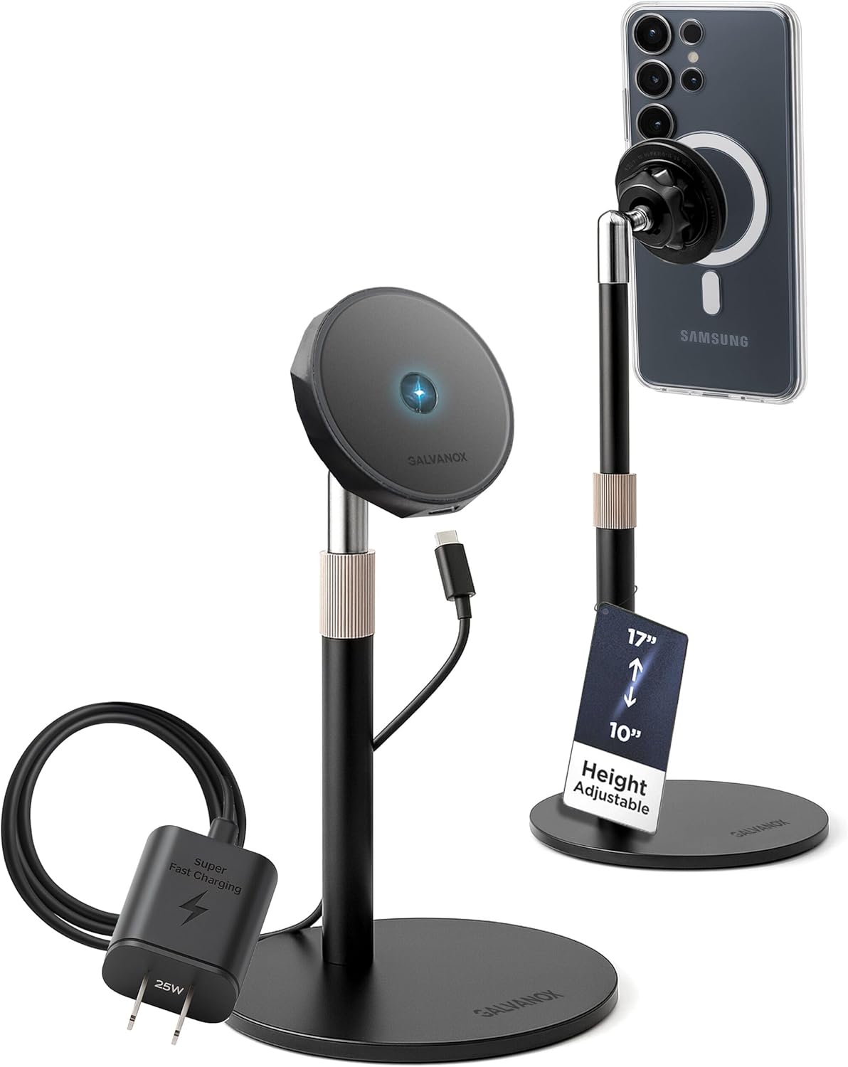 Galvanox Magnetic Wireless Charging Stand for Samsung Phones - Fully Adjustable Height and Angle Desktop Charger with Super-Fast 25W Wall Adapter and USB-C Cable (Black)