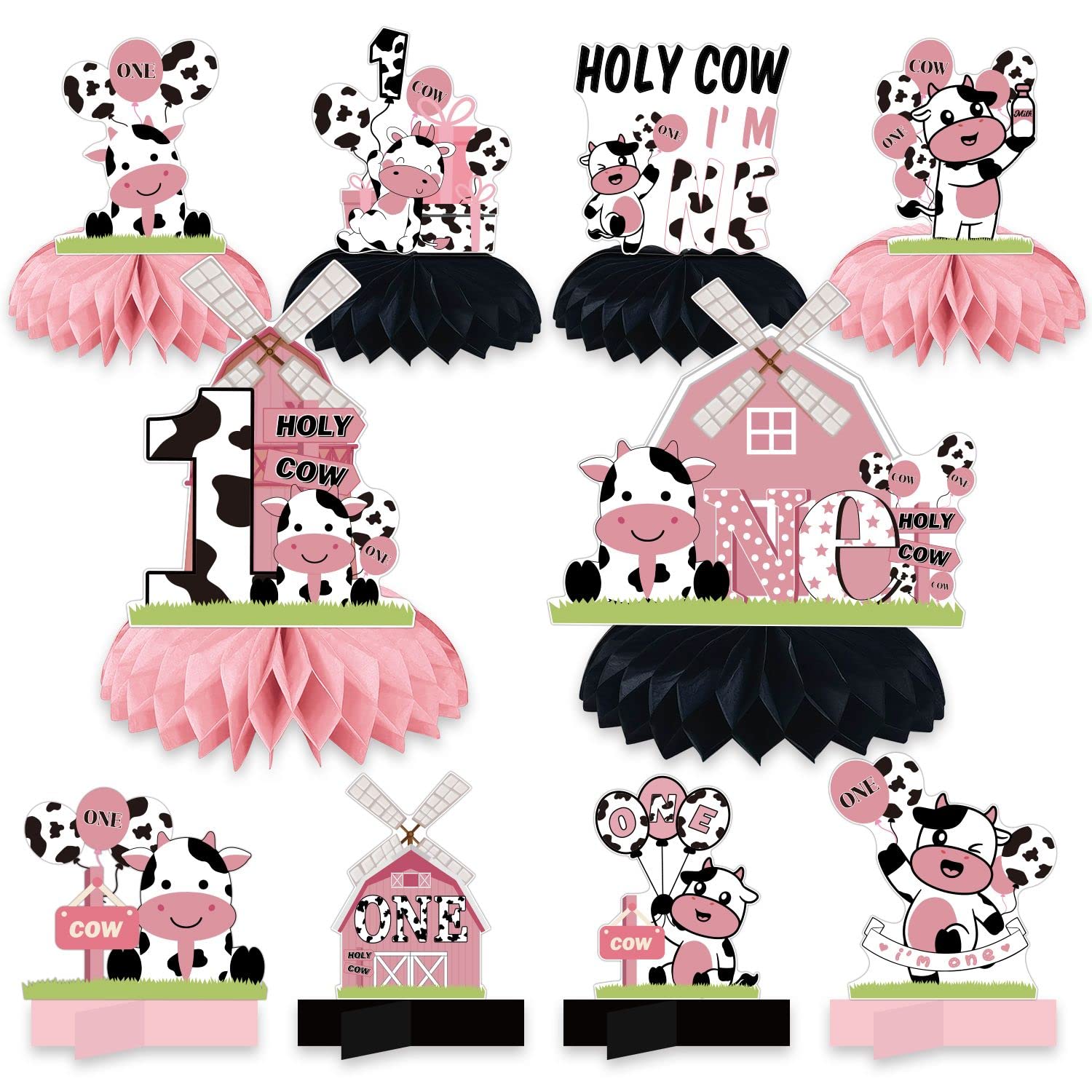KORHONEN Holy Cow Im One Birthday Decorations Girl, Cow First Birthday Honeycomb Centerpiece Party Decorations, Baby Girls 1st Birthday Decorations Cow Themed Table Toppers Sign Party Supplies