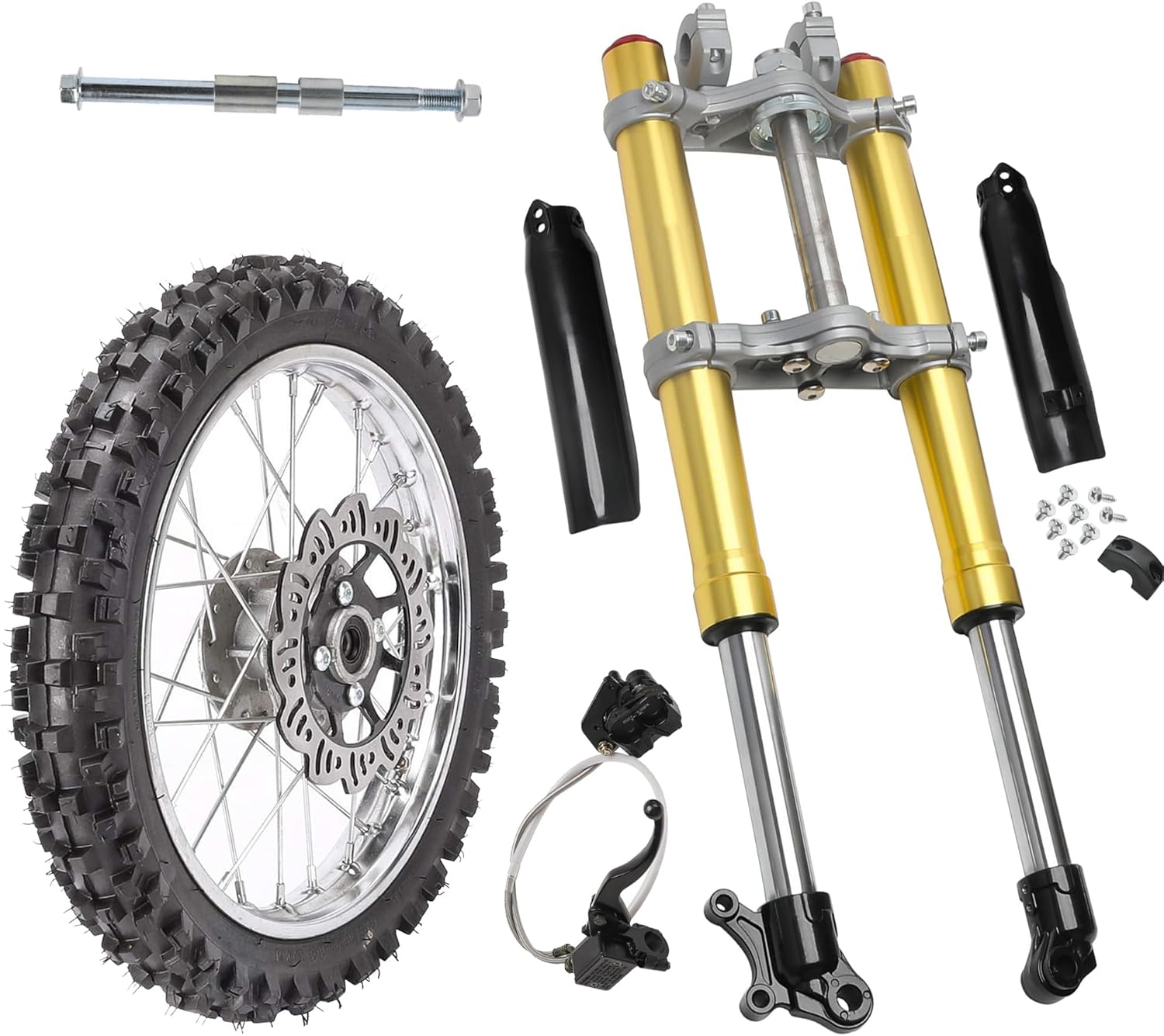14" Front End Assembly Kit for Pit Bikes – 60/100-14 Tire, Upside Down Forks, CNC Aluminum Triple Tree, Disc Brake for 70cc-125cc Dirt Bikes – CRF50, XR50, Baja, SSR, Coolster, Apollo (14")