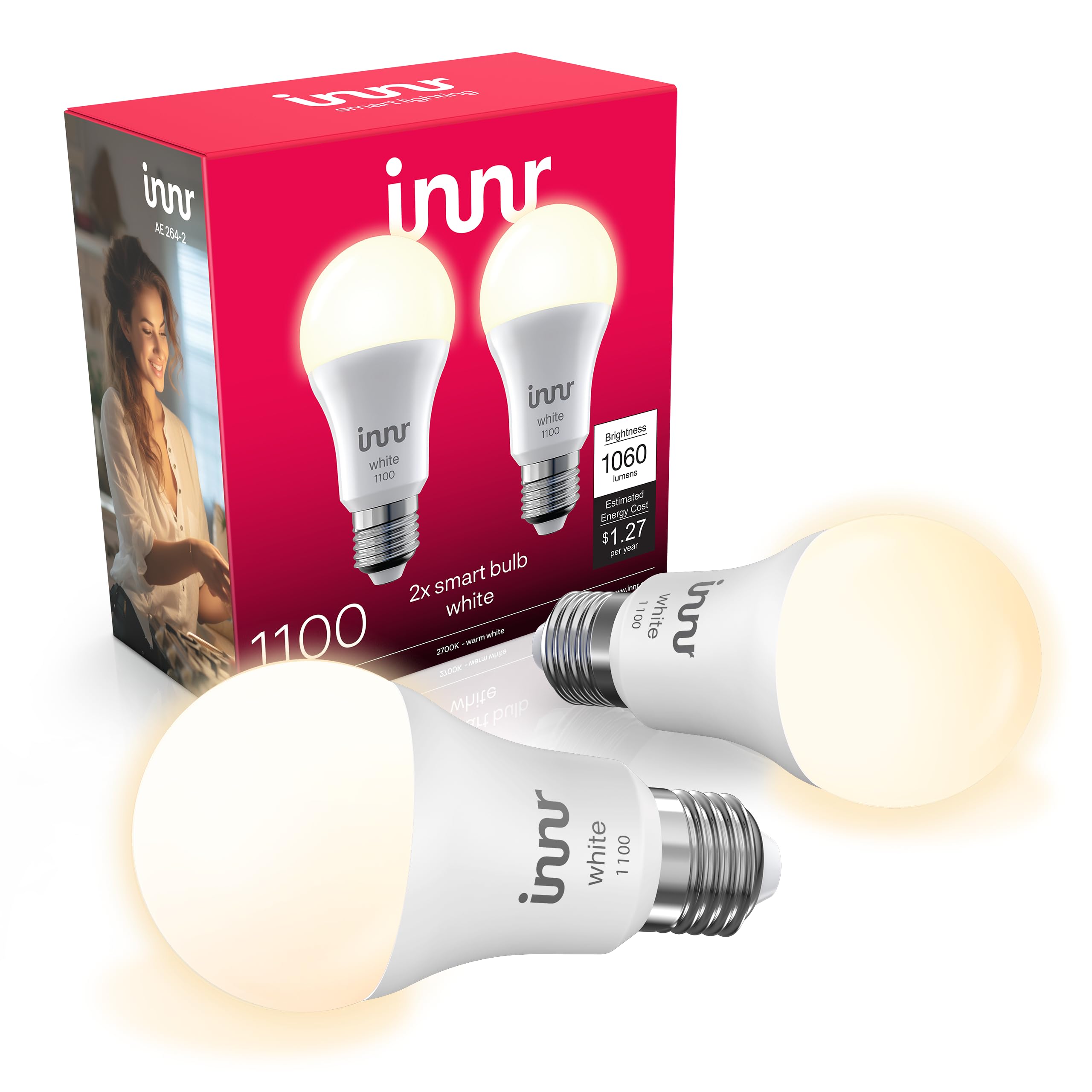 innr Smart Light Bulbs, A19 Zigbee, Works with Philips Hue* and Alexa (Bridge Required), Soft White Light Bulb, Dimmable, E26 LED Bulb 75 Watt, Warm White, 1060lm 2-Pack
