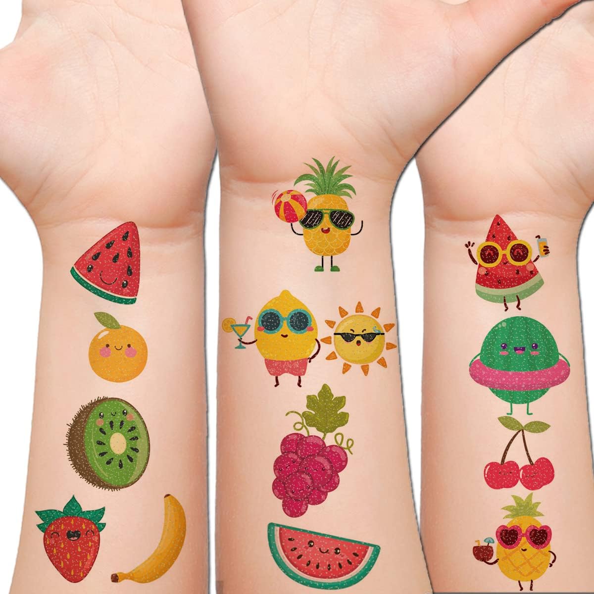 Glitter Fruit Temporary Tattoos for Kids - 100+ Cartoon Fruit Summer Tattoos for Girls Boys Birthday Party Supplies Favors