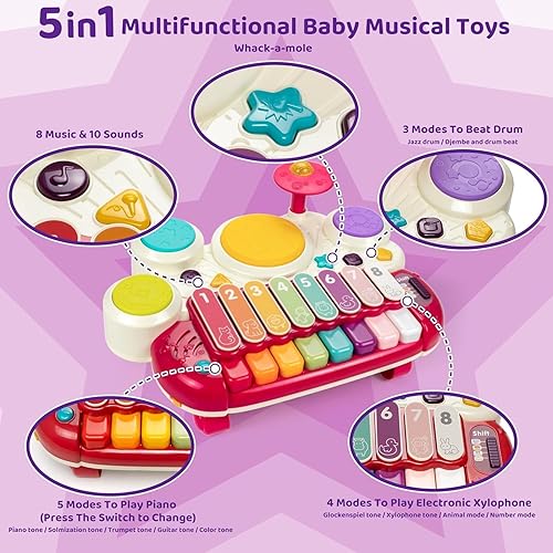 Miniatura 5 de Marstone Juguetes para bebé para regalo de cumpleaños de 1 año, juguetes musicales 5 en 1 para niños pequeños de 1 a 2 años con piano, xilófono,