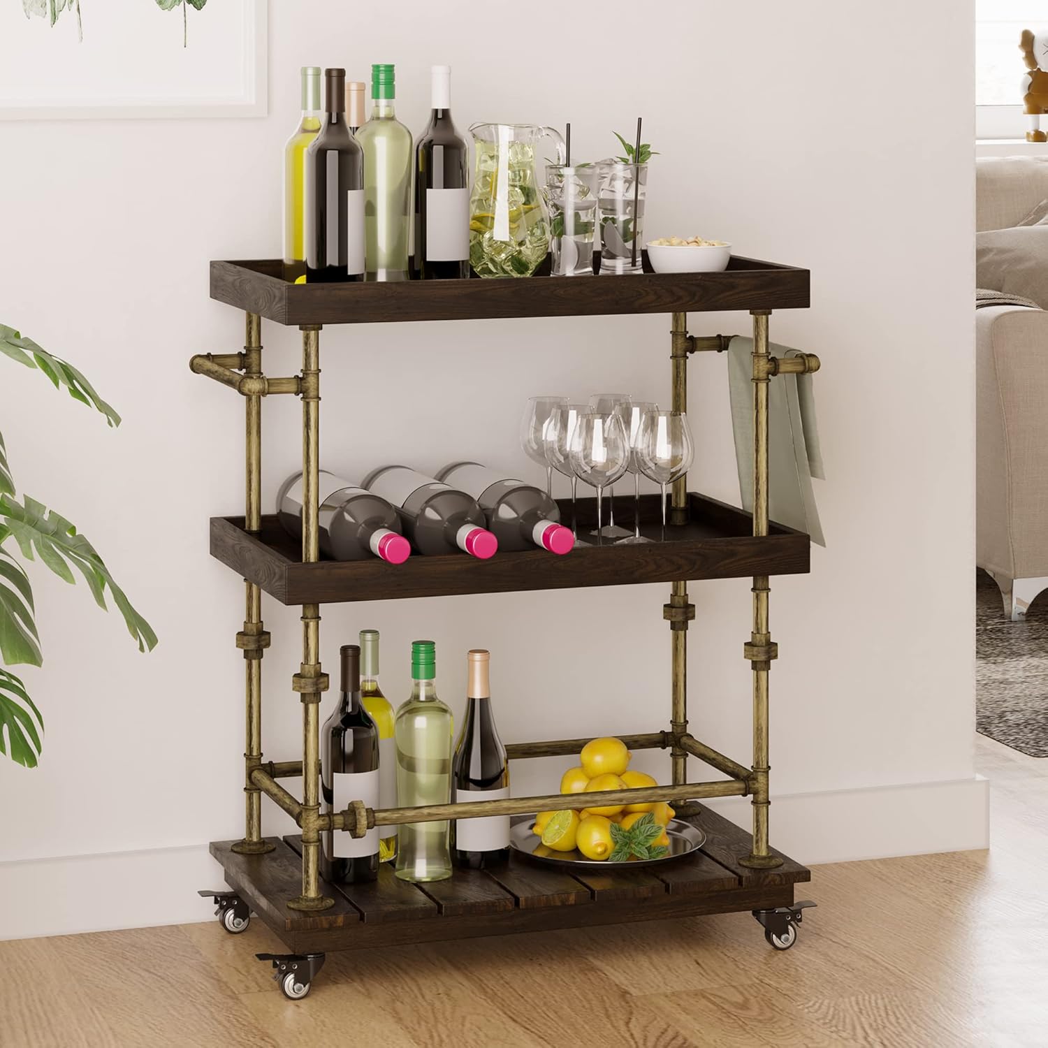 Industrial 3-Tier Bar Cart with Wood & Metal Frame