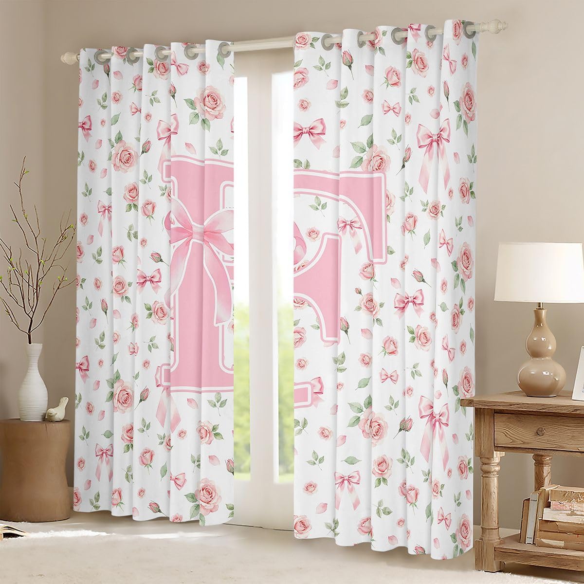 Feelyou Floral Curtains for Bedroom Living Room Pink White Block Print Blackout Darkening Drapes Boho Window Treatments, 2 Panels 38 x 45 Inch Farmhouse Room Decor Personalized Initial F image 2