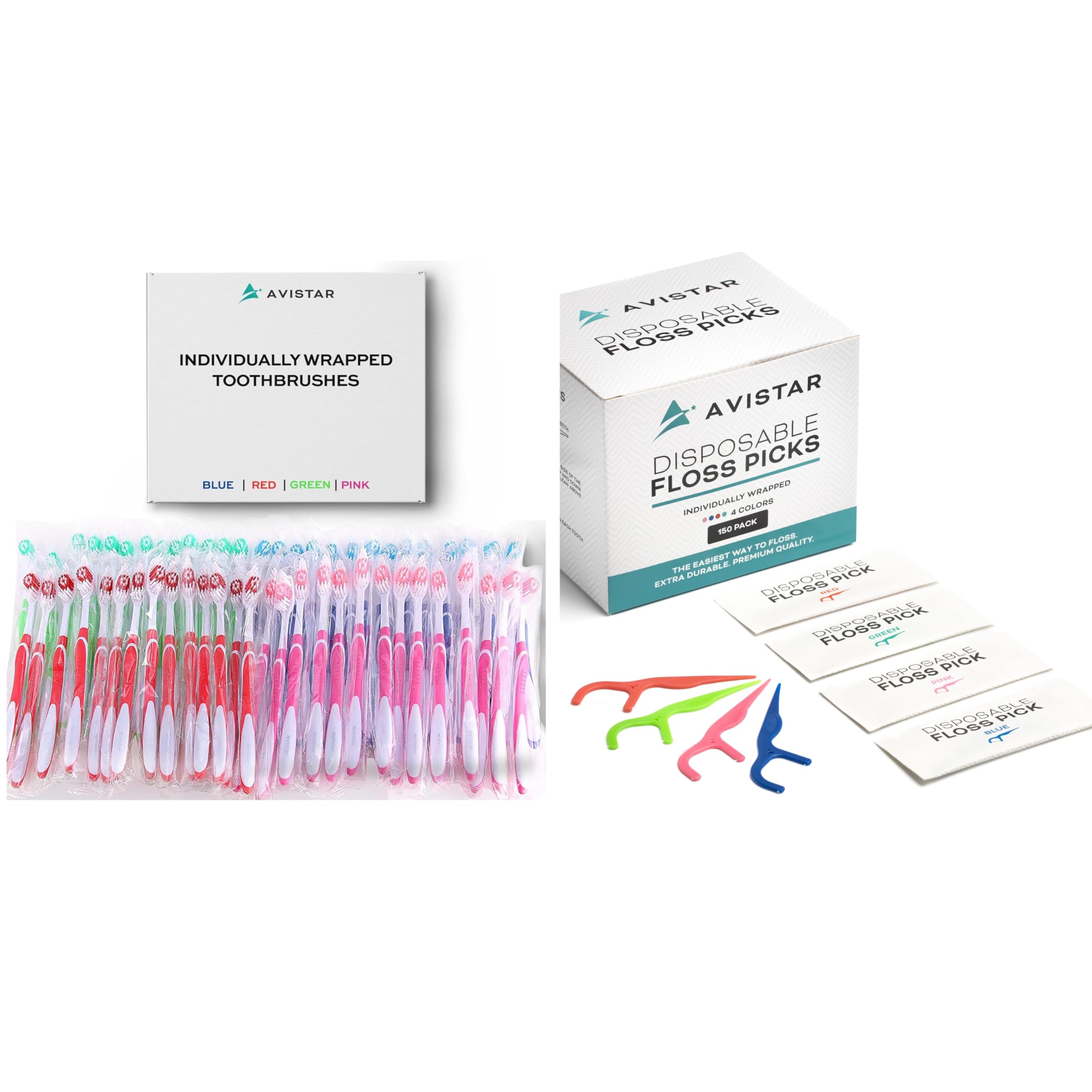 Avistar 100 Disposable Bulk Toothbrushes and 450 Disposable Floss Picks - Individually Wrapped in 4 Colors - Convenient