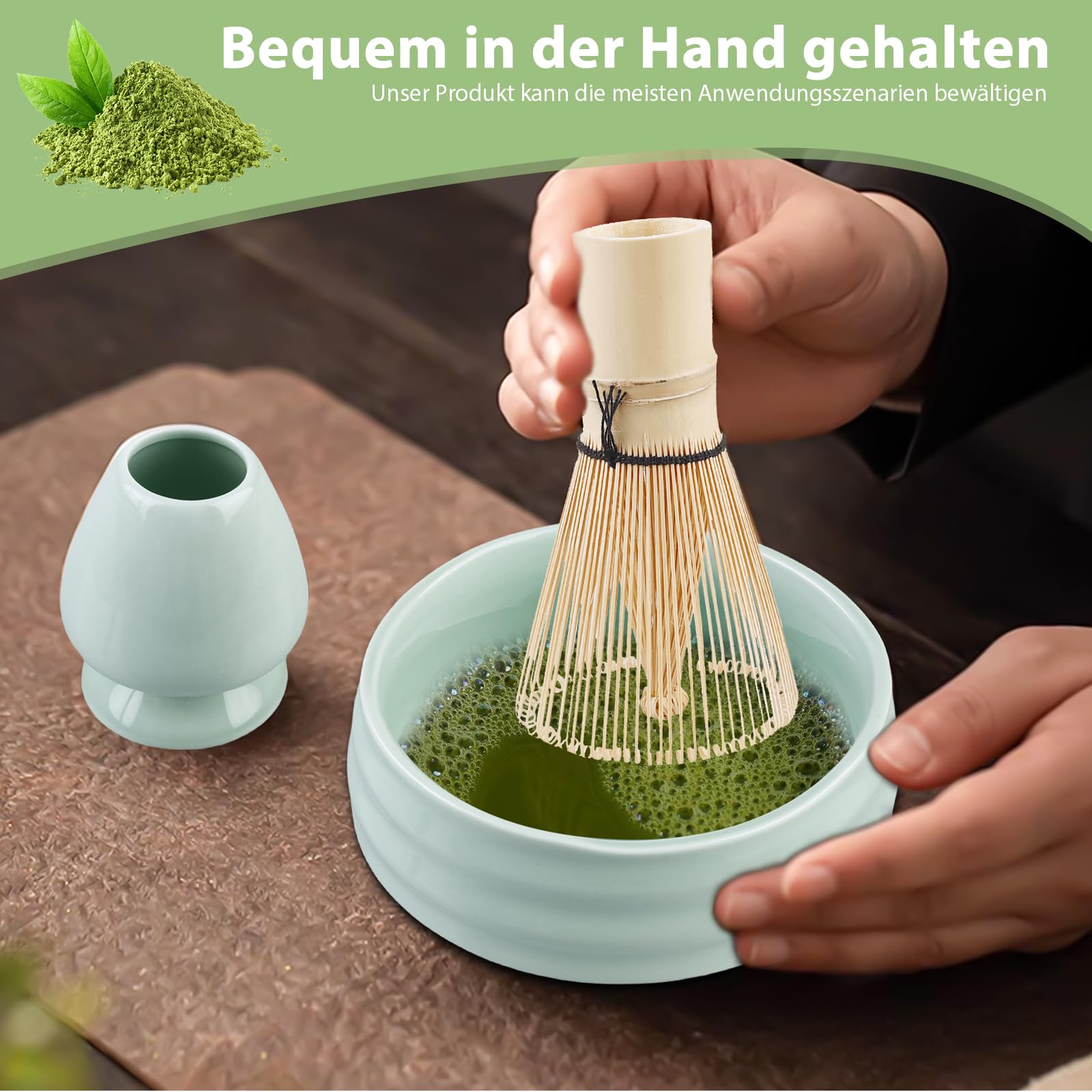Set Matcha Completo Con Frusta, Ciotola E Portafrusta In Ceramica - Ideale Per La Cerimonia Del T&egrave;, Design Goma