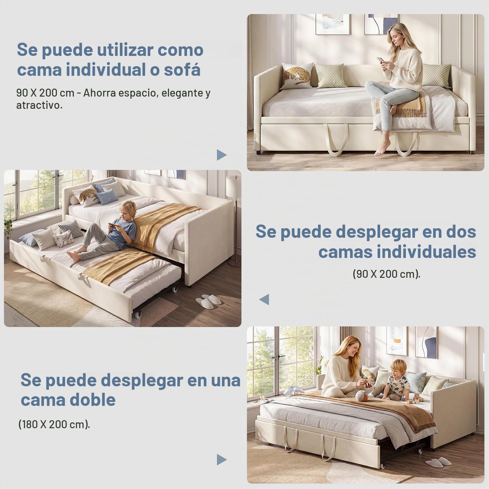 Cama de día extensible 90 x 200/180 x 200 – Sofá cama tapizada con cama plegable y somier de láminas, sofá cama doble de terciopelo beige, sin colchón