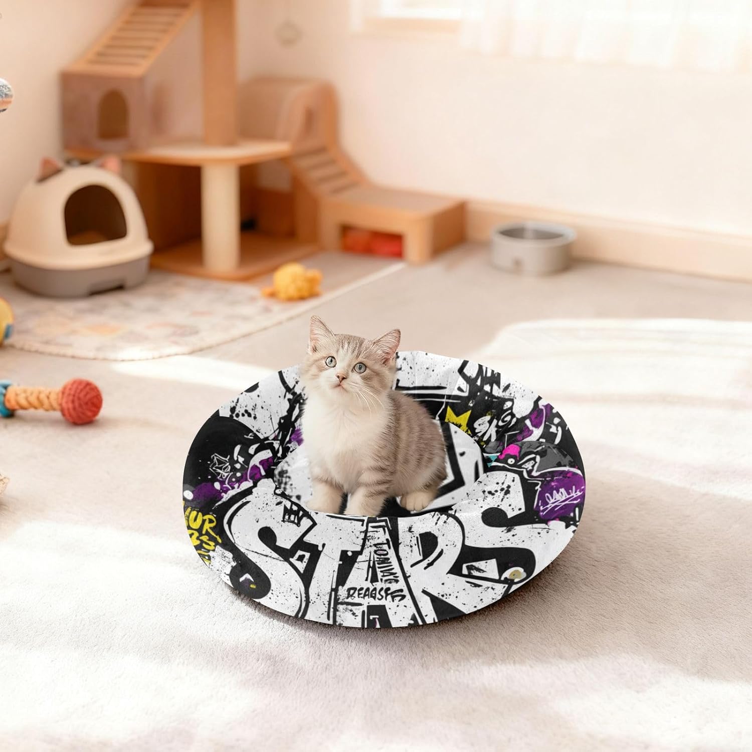 Graffiti Stars Pet Cat Beds Warm & Soft Dog Pillow Bed for Medium Size Pets Supplies S