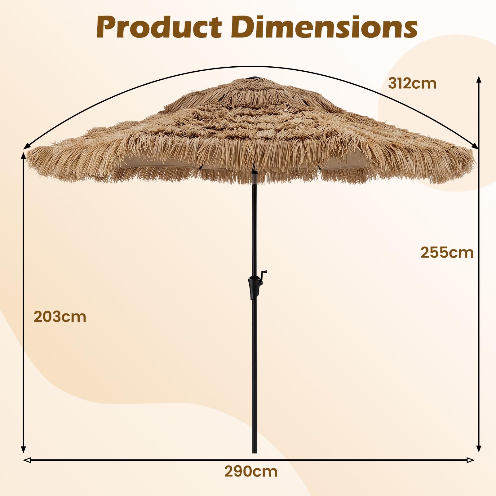 COSTWAY Sonnenschirm Hawaii mit LED-Beleuchtung, 300 cm Strohschirm kippbar | Gartenschirm mit 12 Beleuchtungsmodi & Kurbel, Strandschirm Stroh, Terrassenschirm für Garten, Balkon, Terrasse