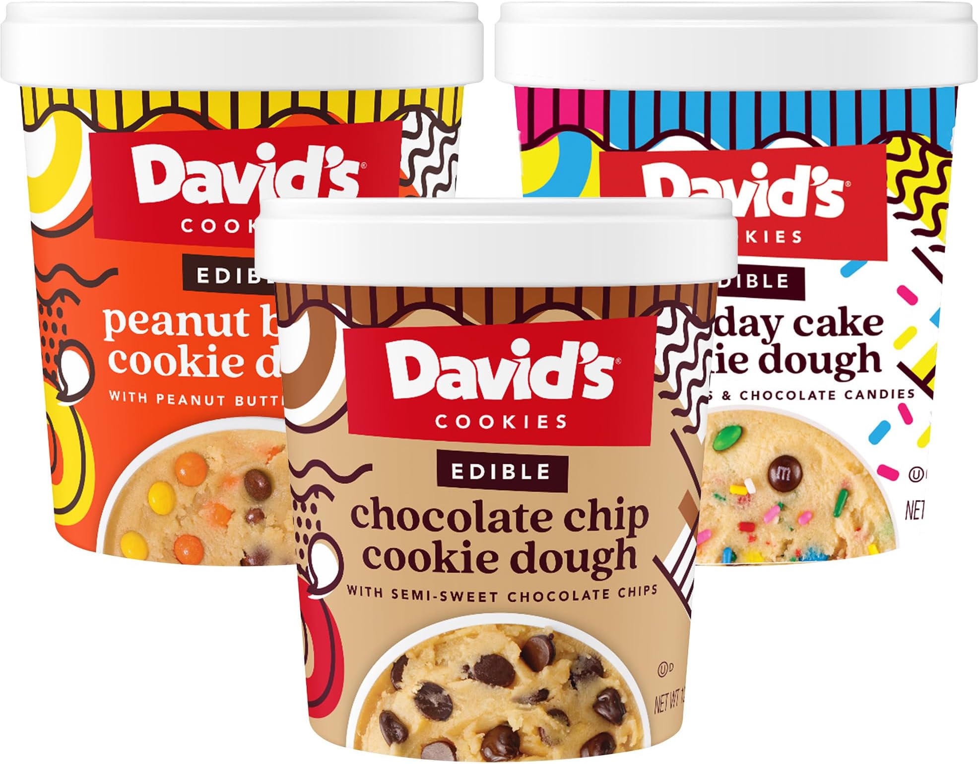 David’s Cookies Edible Cookie Dough Variety Pack – 3 Tubs (12oz Each) – Delicious Cookie Dough Flavors (Chocolate Chip, Peanut Butter, Birthday Cake) – Ready-to-Eat Dessert Treat
