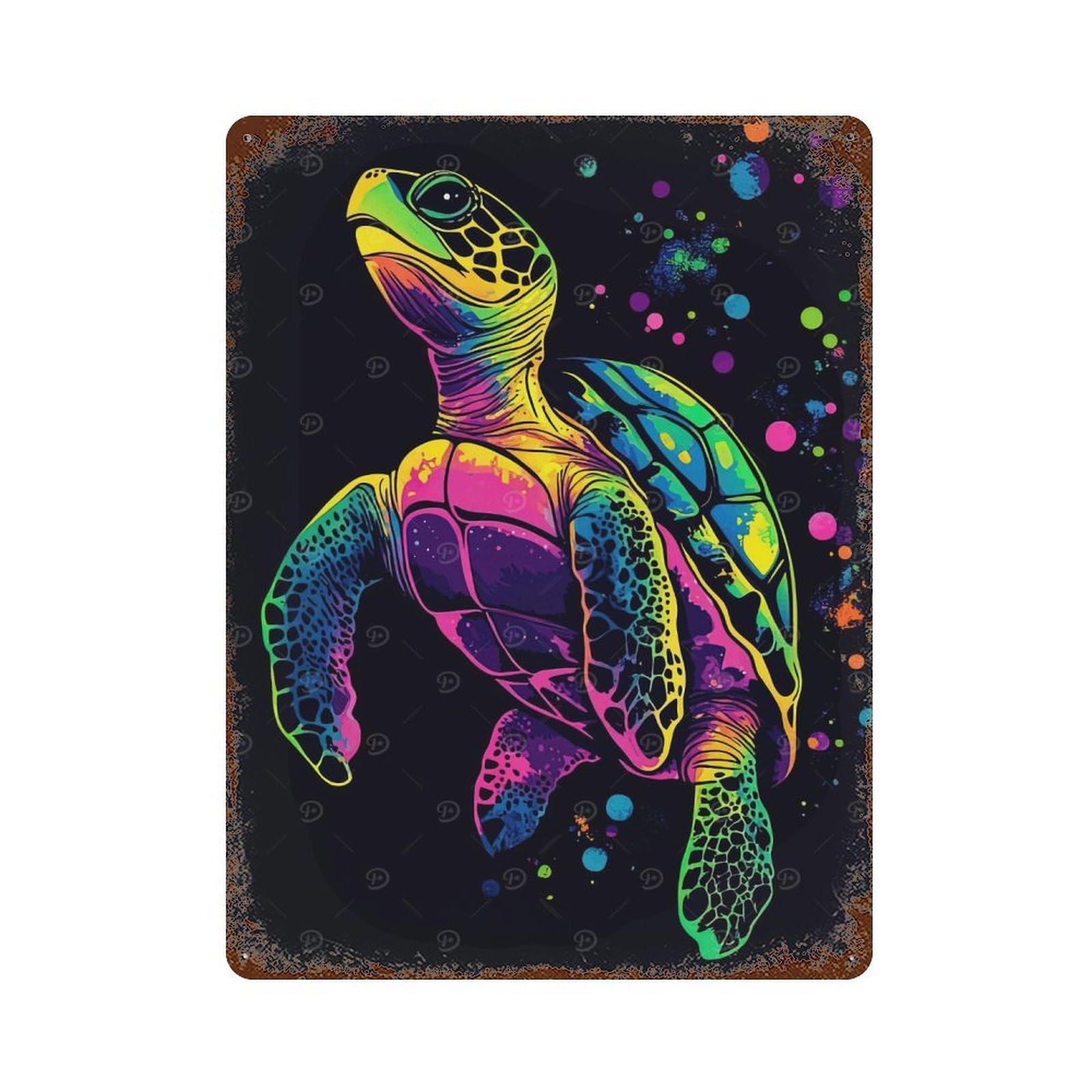 Colorful Sea Turtle on Black Background Aged Metal Wall Plaque 15.7"x11.8", Industrial Home Decor for Pub, Kitchen And Man Cave Decor