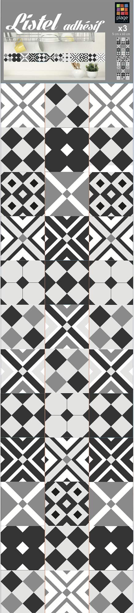 260005 3 Self-Adhesive Wall Borders Old Tiles Faenza - (5 x 60 cm), Grey (180 x 5 cm)