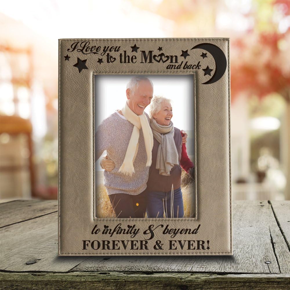 BELLA BUSTA - I love you to the moon and back, to infinity and beyond, forever & ever - Engraved Leather Picture Frame-Christmas Gift (5"x 7" Vertical)