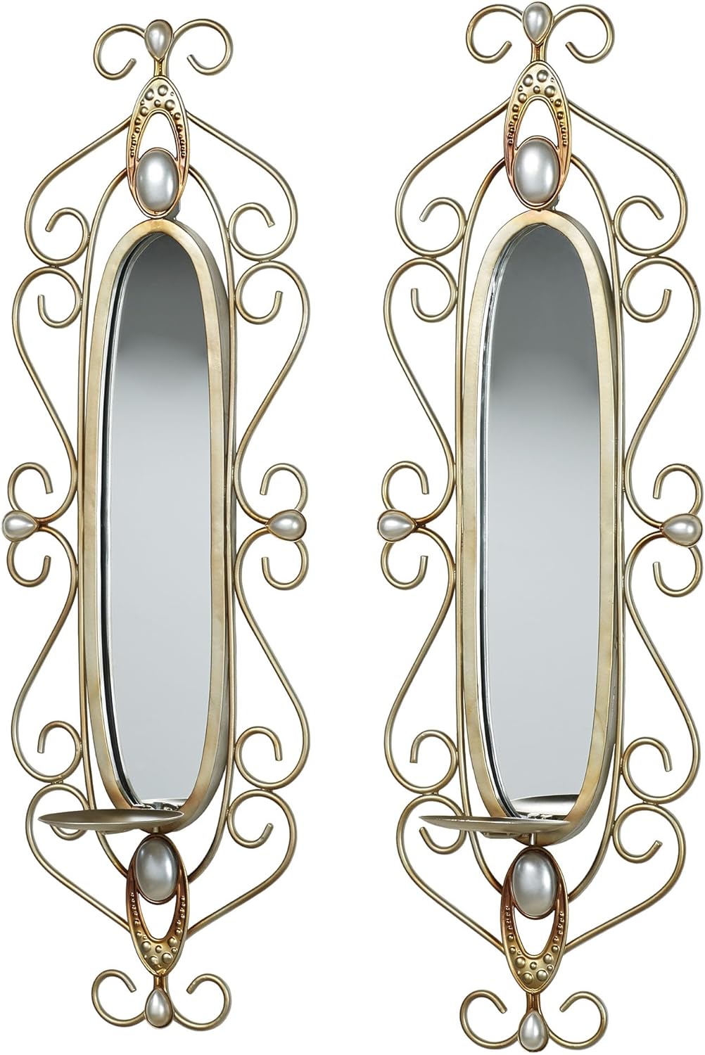 Julianne Wall Sconce Pair | Set of Two Candle Sconces | Elegant Glam Candle Holders | Mirrored Candleholders | Champagne Gold | Openwork Swirl Scrolls | Wall Decoration | Hanging Wall Sconces Decor