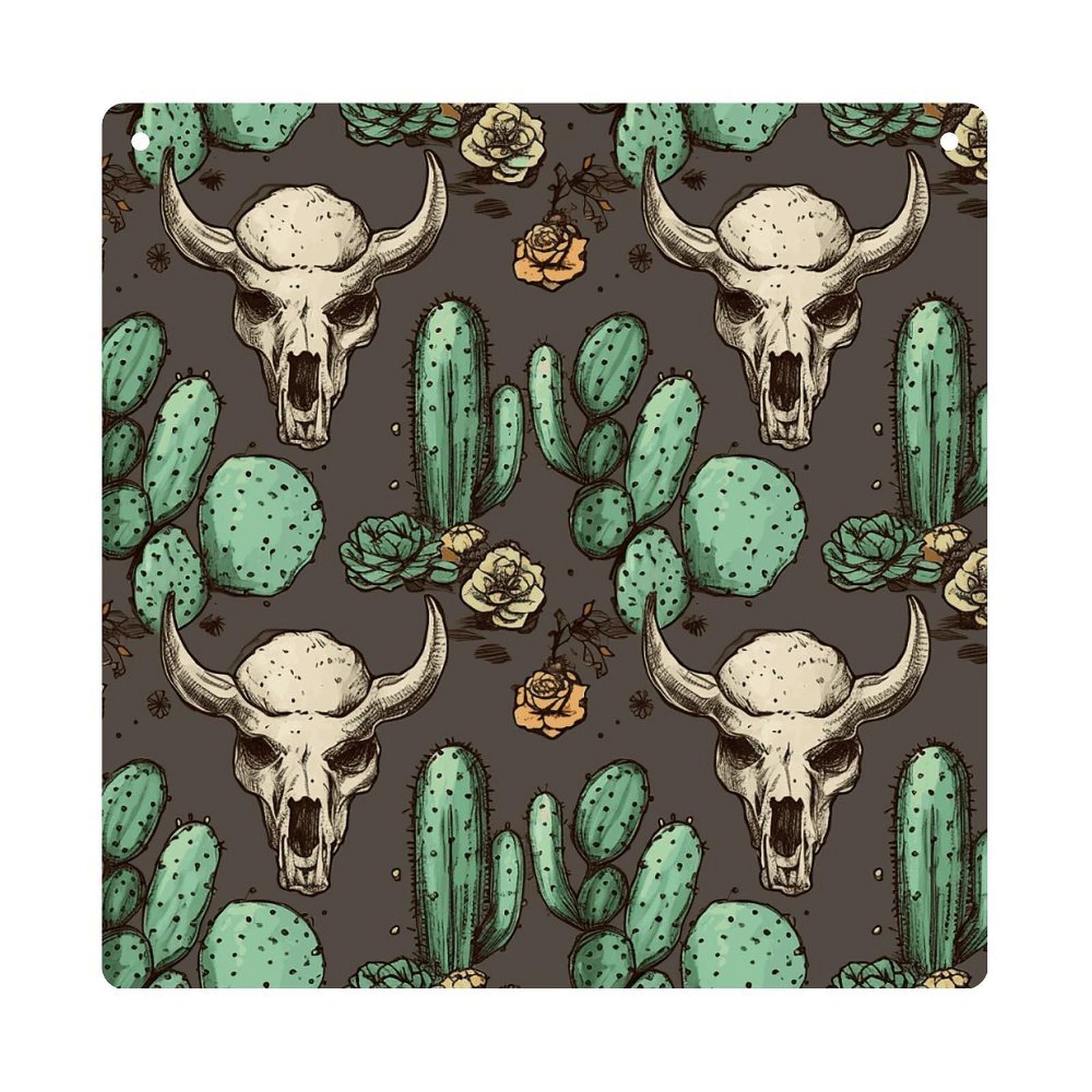 Adfgyerh Style Skull Of Bull And Cute Cactus Hanging Ornaments Window Hanging Modern Acrylic Decor For Living Room Bedroom Dining Room Hallway Office Wall Decor, 8X8 In